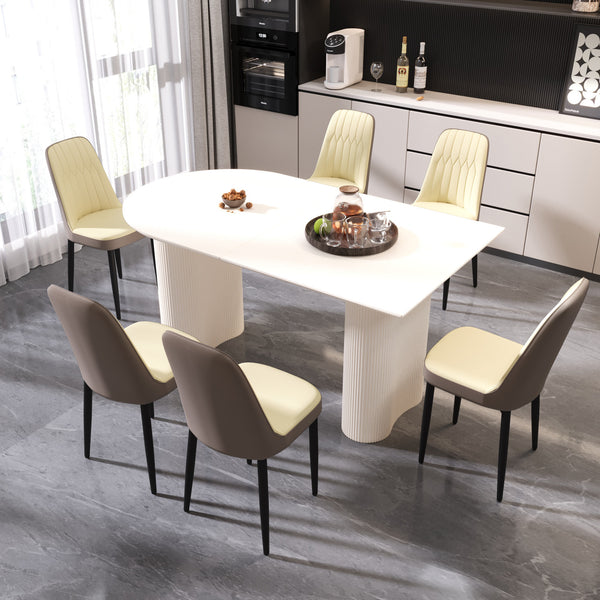 English Elm 63 Inch Cream Mdf Dining Set Six Chairs Pu Leather Seats Matte Black Metal Legs W2189S00897