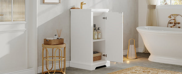 English Elm 16-inch French Bathroom Vanity with Ceramic Undermount Sink, Soft-Close Door, Vintage Carvings, White N710P330979K