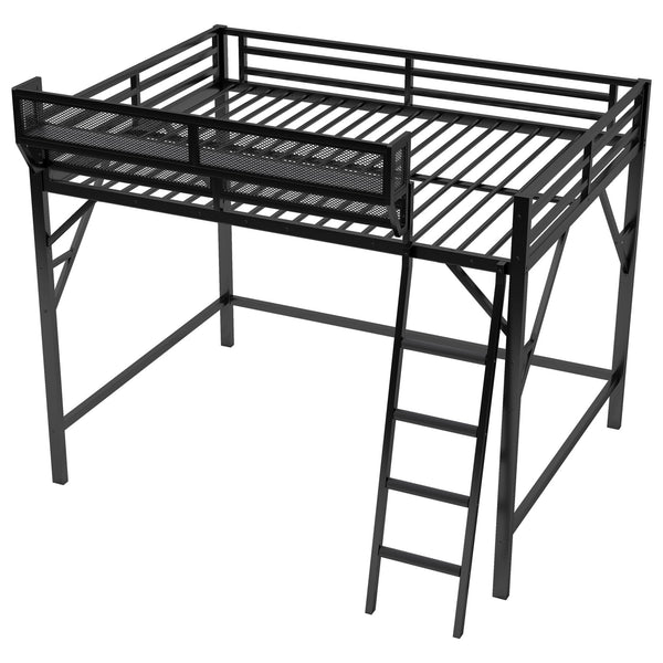 English Elm Queen Size Metal Loft Bed with Ladder and Built-In Storage Shelves, Sturdy High Bed for Teens 99" Black W2580P379983