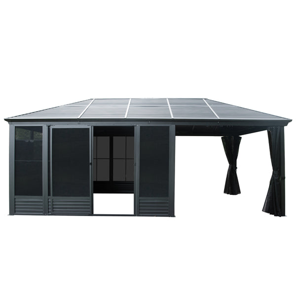 English Elm 11x21FT All-Season Sunroom Gazebo with Galvanized Roof, Lockable Sliding Doors, PE Screens & Curtains W1859P364854