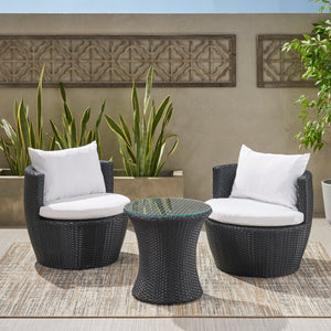 English Elm Christopher Knight Home® - KONO Woven Outdoor 3-Piece Patio Chat Set with Aluminum Frame, Tempered Glass Table, Cushions Black+Ivory 53142.00ALU