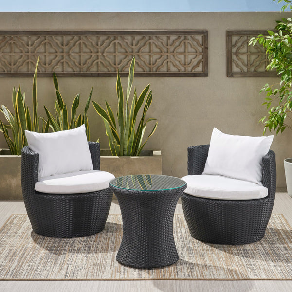 English Elm Christopher Knight Home® - KONO Woven Outdoor 3-Piece Patio Chat Set with Aluminum Frame, Tempered Glass Table, Cushions Black+Ivory 53142.00ALU