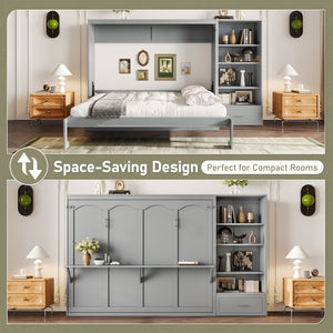 English Elm Queen Murphy Bed with Built-In Shelves, Height-Adjustable Storage & Drawer for Small Spaces Gray 71.6 L x 21.5 W x 6.1 H N733S309223E