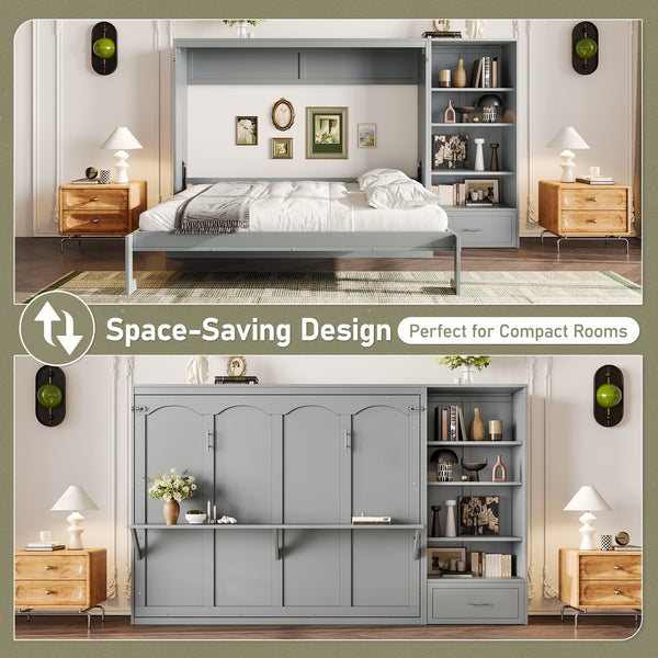 English Elm Queen Murphy Wall Bed with Folding Platform Side Cabinet Drawer and Adjustable Shelves Gray N733S407545E