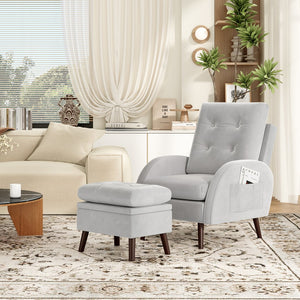 English Elm Upholstered Velvet Accent Chair and Ottoman with Storage, Tufted Design, 6-Level Adjustable Backrest Light Gray T3623P411378