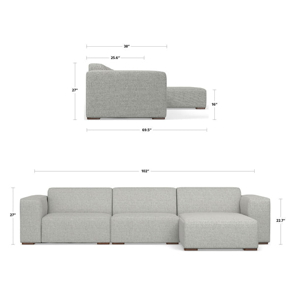 English Elm Rex 2-Seater Sofa with Right Chaise — 122" Modern Gray Sectional, Recycled Performance Fabric, Durable Comfort B136P199211