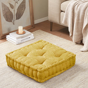 JLA Home Intelligent Design - Poly Poly Chenille Square Floor Pillow Cushion with Tufted Scallop Edge, Plush OEKO-TEX Polyester Comfort Layer Yellow ID31-2293