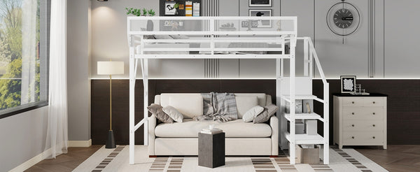 English Elm Twin Xl Loft Bed With Stairs, Storage Shelves & Wardrobe - Space-Saving Metal Bed For Kids & Teens W2580S00050-GIGA