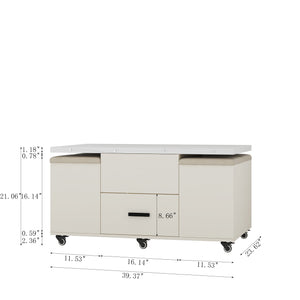 English Elm Modern Lift-Up Coffee Table with 4 Stools Set — Space-Saving Convertible Dining Table with Hidden Storage and Cushioned Seating Light Yellow 41.7 L x 25.78 W x 6.29 H W1321S00014