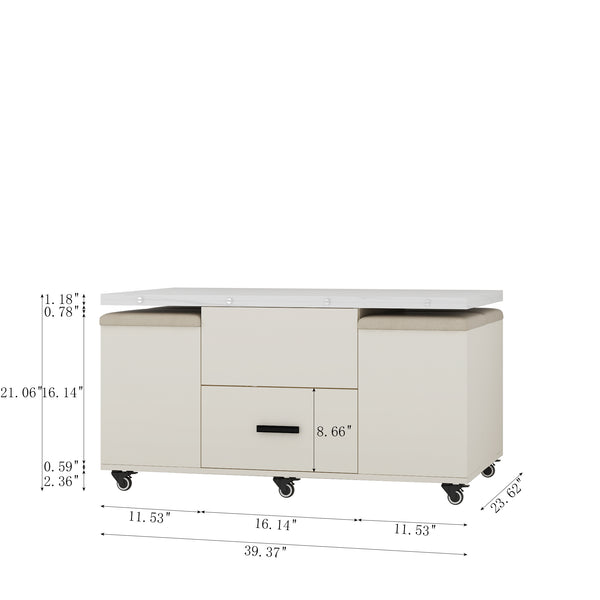 English Elm Modern Lift-Up Coffee Table with 4 Stools Set — Space-Saving Convertible Dining Table with Hidden Storage and Cushioned Seating Light Yellow 41.7 L x 25.78 W x 6.29 H W1321S00014