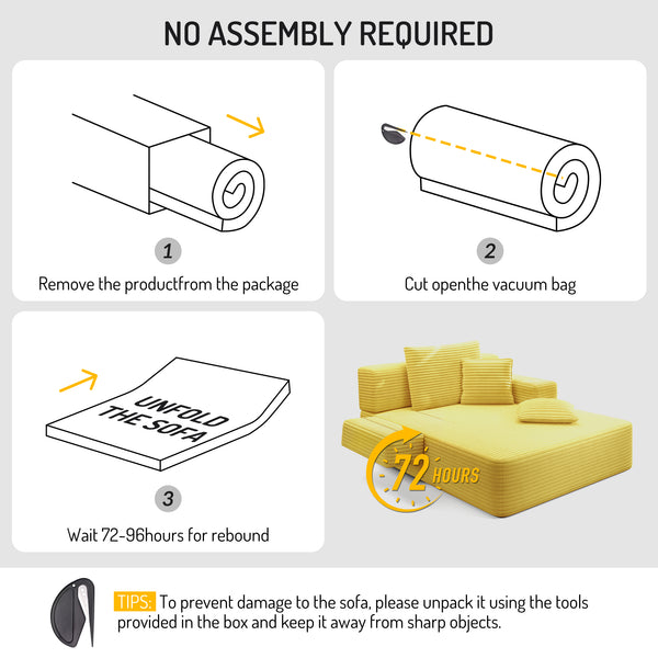 English Elm Luxurious Corduroy Frameless Chaise Sofa Bed with Spring Cushion and Storage Pocket Yellow W3219P496262