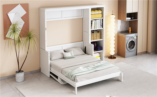 English Elm Full Murphy Bed with Storage Cabinets and Shelves, Space-Saving Wooden Wall Bed with 600lb Capacity White N7090004015K