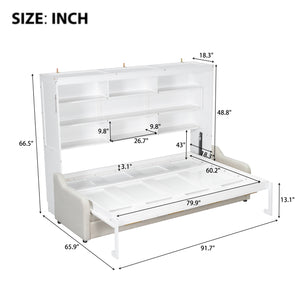 English Elm Queen Murphy Cabinet Bed with Sofa Foldaway, Built-In Shelves, LED Lighting, Space-Saving Beige N7090000603A