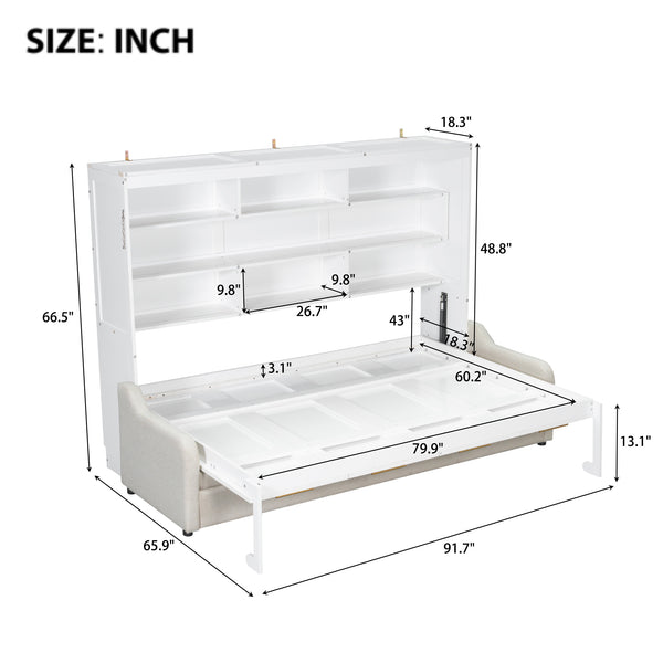 English Elm Queen Murphy Cabinet Bed with Linen Sofa Built-in Shelves and Integrated Led Light N7090000603A-1