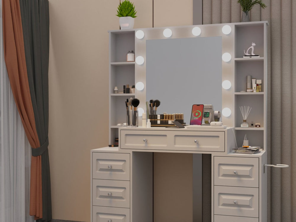 English Elm Vanity Desk With Lighted Mirror & Charging Station - Modern Makeup Table For Effortless Beauty Prep W3393P315815-GIGA