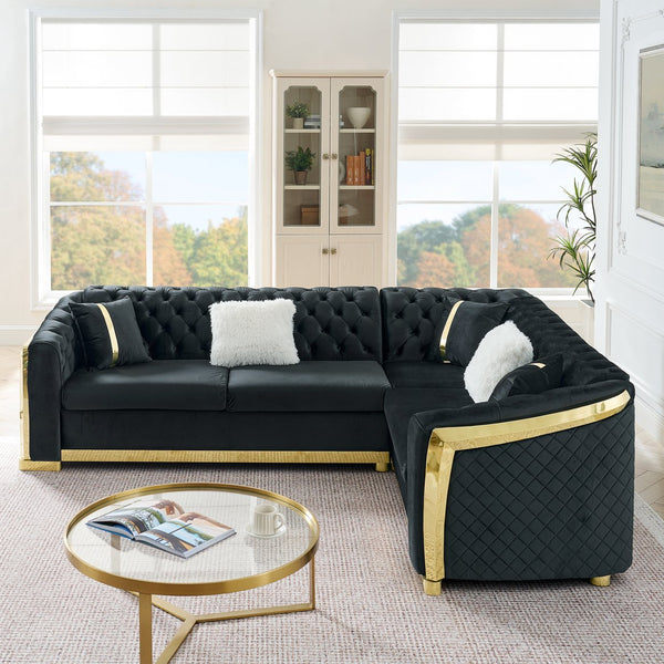English Elm 106 Inch Velvet Tufted Chesterfield Sectional with Gold Steel Legs for Large Living Rooms Black W1191S00046