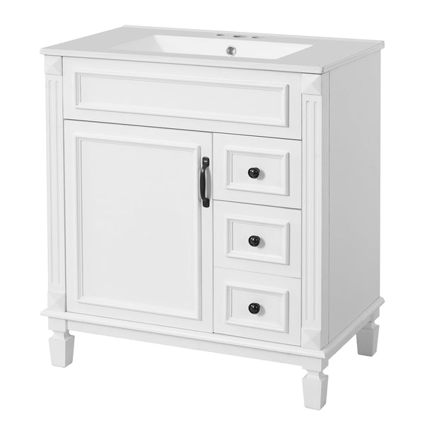 English Elm 30" French-Inspired Bathroom Vanity With Ceramic Sink, 2 Soft-Close Drawers & Adjustable Shelf Storage N710P323323K