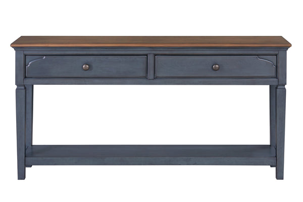 English Elm 60 inch Sofa Table Corduroy Blue Distressed Coastal Console with 2 Drawers & Shelf, Rubberwood Charm B108P193075