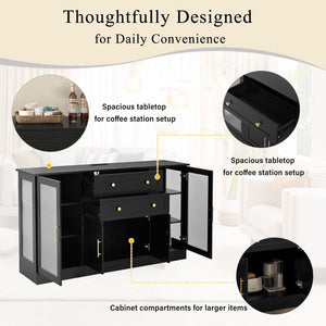 English Elm U-style Modern Buffet Sideboard with Acrylic Doors Power Outlet and Adjustable Storage Black N711P437648B