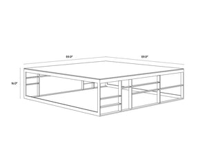 Sunpan Martha Oversized Square Coffee Table - Luxurious Antique Brass Base & Rich Brown Glass Top Design