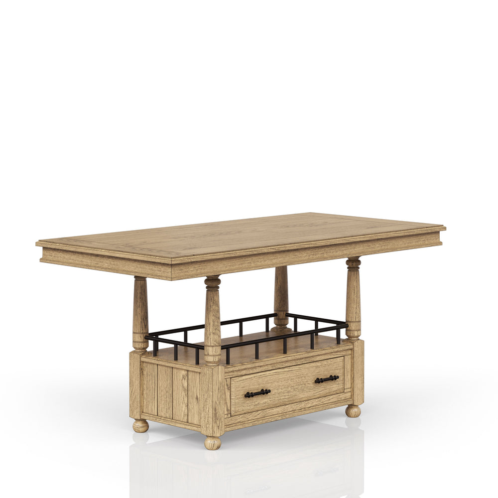 English Elm Counter Elm Veneer Table with Turned Legs and Drawer, Warm Finish, Open Shelf & Metal Rail Caramel 42.25 L x 25 W x 14.5 H B2699S00084