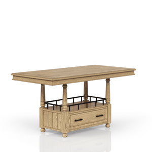English Elm Counter Elm Veneer Table with Turned Legs and Drawer, Warm Finish, Open Shelf & Metal Rail Caramel 42.25 L x 25 W x 14.5 H B2699S00084