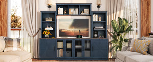 English Elm Wall Unit Entertainment Center with Built in Charging Mdf Media Console Open Shelving Blue W1580S00437