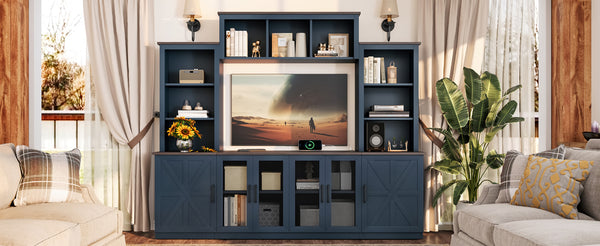 English Elm Wall Unit Entertainment Center with Built in Charging Mdf Media Console Open Shelving Blue W1580S00437