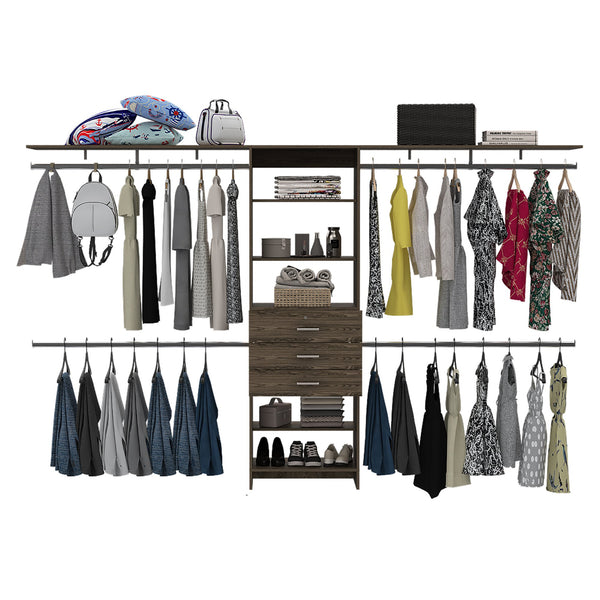 English Elm Closet Adjustable Storage System 70–118" W with Three Hanging Rods, Five Shelves & One Drawer, Engineered Wood Walnut 51 L x 20 W x 5 H B097S00147