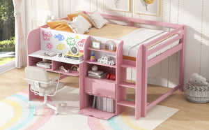 English Elm Full Size Low Loft Bed With Desk, Storage, Bookcase & Fun Whiteboard For Kids - Pink Design N7090005005H