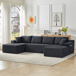 English Elm Compressible U-Shaped Sectional Sofa Set - Modern Corduroy Cloud Couch For Versatile Living Spaces W2339S00053