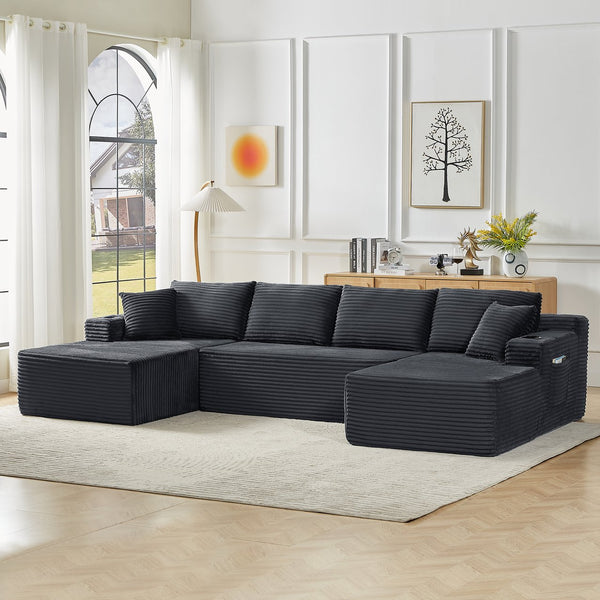 English Elm Compressible Modular U-shaped Cloud Sofa Corduroy Sectional for Spacious Living Rooms Dark Grey W2339S00148