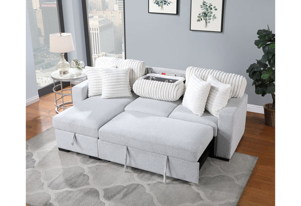 English Elm FORD Light Gray/White Reversible Pull-Out Sofa Bed with Plush Cushions, Flip-Down Console & Cup Holders B201S00131