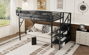 English Elm Twin Xl Loft Bed With Stairs & Storage Shelves, Metal High Bed For Teens & Small Spaces, Black W2580S00049-GIGA