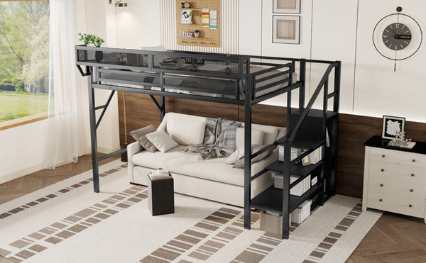 English Elm Twin Xl Loft Bed With Stairs & Storage Shelves, Metal High Bed For Teens & Small Spaces, Black W2580S00049-GIGA