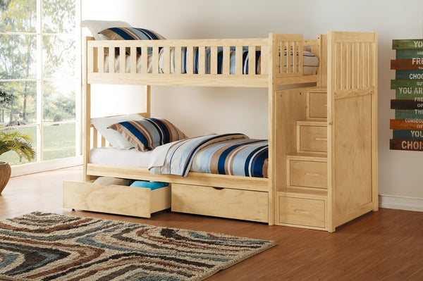 English Elm Twin Over Solid Pine Bunk Bed with Stair Drawers and Safety Guard Rails B011S02432