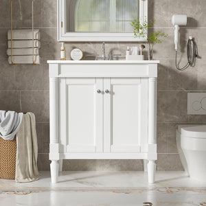 English Elm 30" French Style Bathroom Vanity with Ceramic Basin Soft Close Doors Wood Legs White N710P415327K