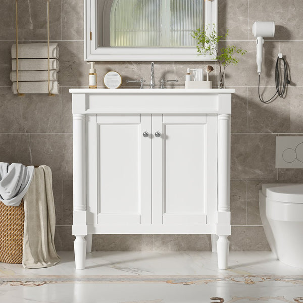 English Elm 30" French Style Bathroom Vanity with Ceramic Basin Soft Close Doors Wood Legs White N710P415327K
