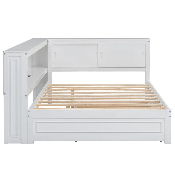 English Elm Full Pine Daybed with Trundle Sliding Storage Shelves Led Lighting and Usb Charging White GX004003AAK
