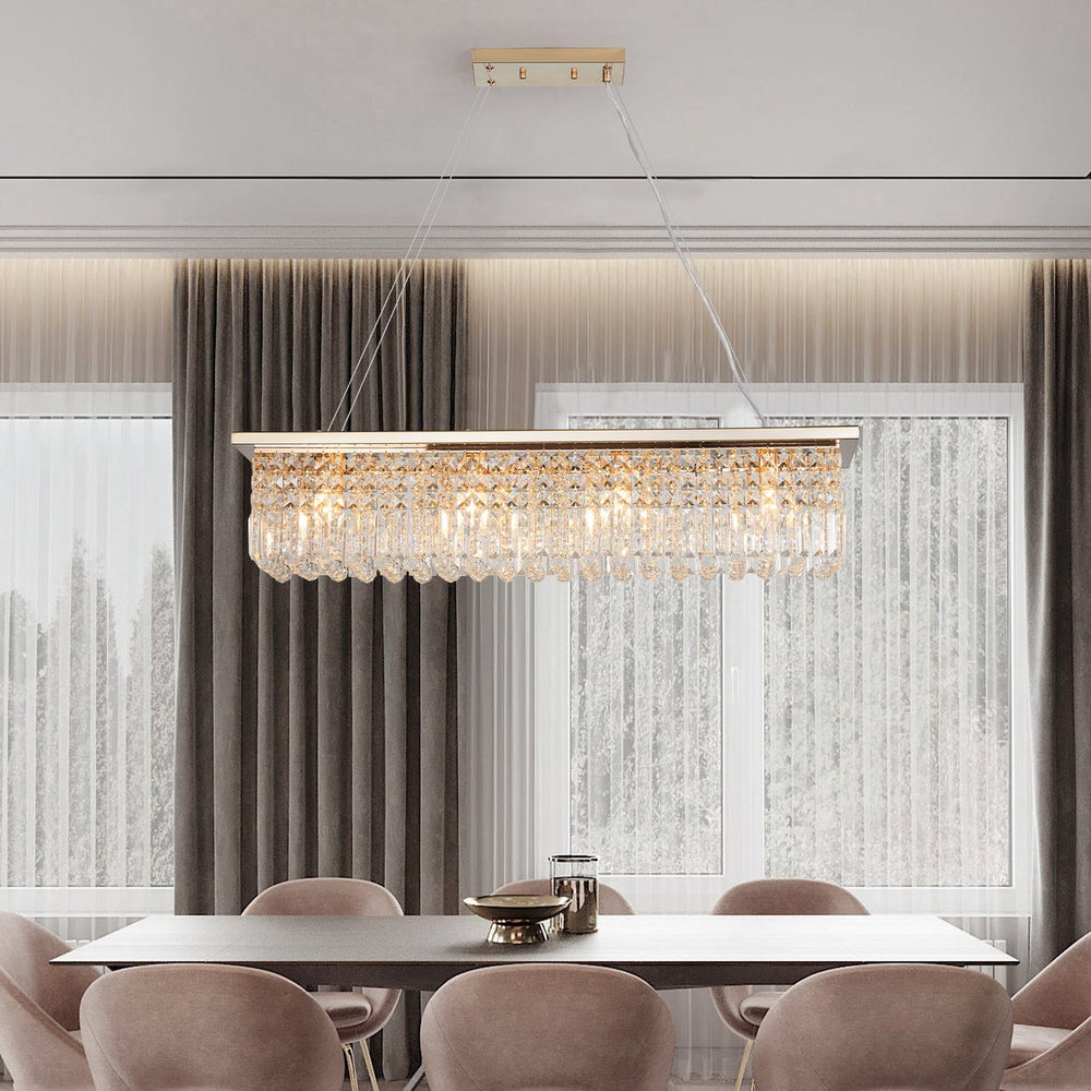 English Elm Modern Crystal Chandelier Rectangular 8-Light Raindrop Pendant for Kitchen Island Dining Room Gold W2312P368689