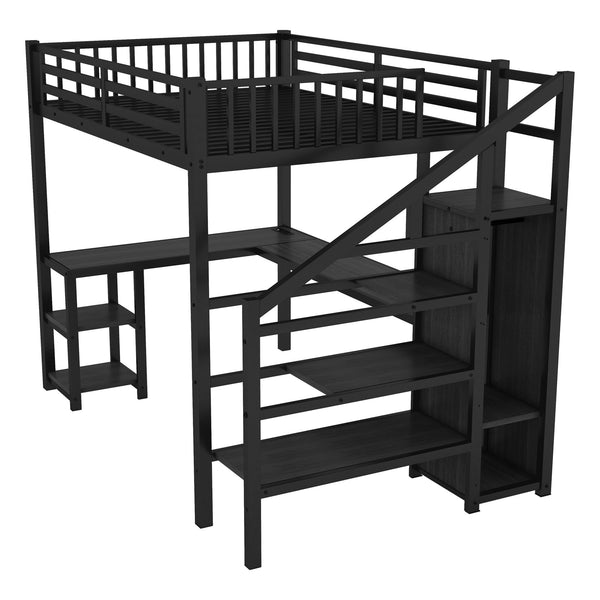 English Elm Metal Full Loft Bed with Wardrobe, LED, L-Desk & USB Ports — Space-Saving Full Size Bunk for Kids Teens Adults W2593S00008