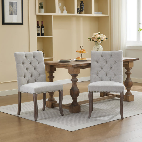 English Elm Upholstered Chenille Tufted Dining Chairs Set of 2 with Curved Wood Legs Club Style Beige W1143P457780