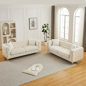English Elm Fx Velvet Tufted 6 Seat Sofa Set Chesterfield Style with Button Detail Living Room Beige W1926S00083