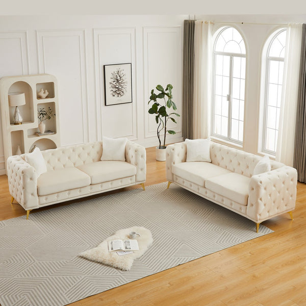 English Elm Fx Velvet Tufted 6 Seat Sofa Set Chesterfield Style with Button Detail Living Room Beige W1926S00083