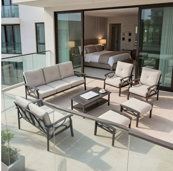 English Elm 7-piece Outdoor Sectional Set Steel Frame 9 Seat Patio Conversation with Cushioned Ottomans Grey+Black B082S00131