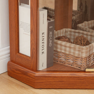 English Elm Lighted Corner Curio Cabinet - Elegant Dark Oak Display Case For Collectibles, Glassware & Decor W1758P300106