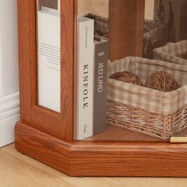 English Elm Lighted Corner Curio Cabinet - Elegant Dark Oak Display Case For Collectibles, Glassware & Decor W1758P300106