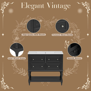 English Elm 36" Bathroom Vanity with Sink Combo, 36" Ceramic Undermount Basin, Solid Wood Frame, 4 Drawers, Waterproof Painted Finish Black N710P250654B
