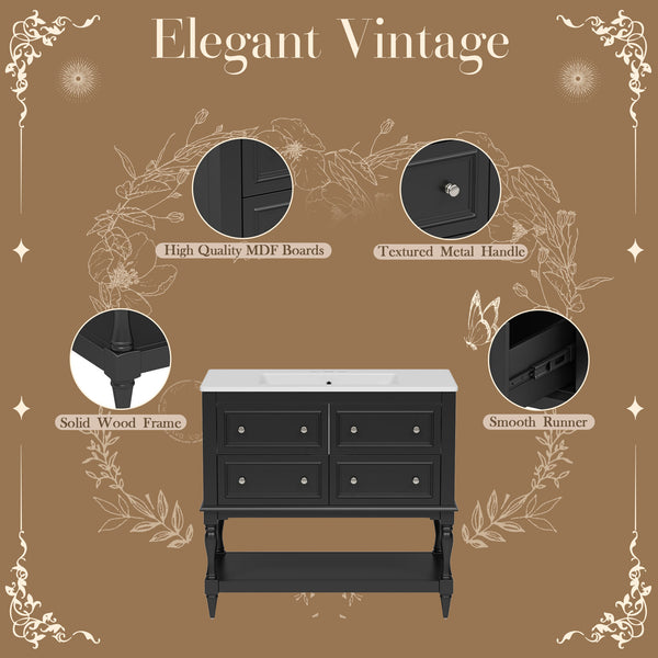 English Elm 36" Bathroom Vanity with Sink Combo, 36" Ceramic Undermount Basin, Solid Wood Frame, 4 Drawers, Waterproof Painted Finish Black N710P250654B