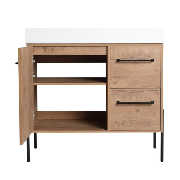 English Elm 36" Freestanding Bathroom Vanity Plywood Base Resin Sink Soft Close Storage W999S00526